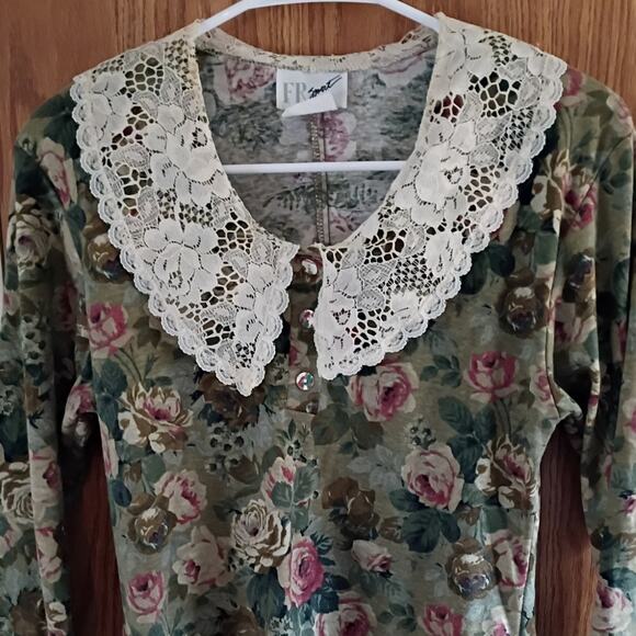 VNTG 90s FR Sport Floral Lace Collar Top Romantic Grunge Cottage Y2K Small - Picture 2 of 10